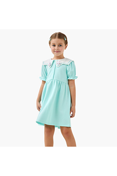 Juniors Sailor Neck Short Sleeves A-Line Dress with Bunny Applique