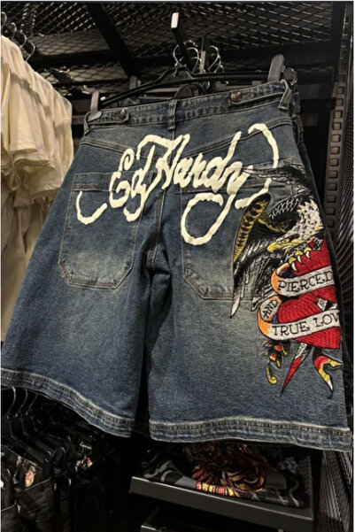 BALİNA Lacivert Ed Hardy Grafiti Harajuku Y2K Şort