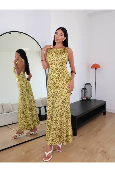 FLOWERİNG Women's Yellow Boat Neck Backless Floral Print Maxi Dress