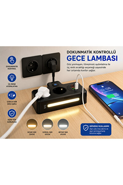 asua 2 Soketli Çoklu Priz | PD20W Type-C + QC3.0 Hızlı Şarj | 2 USB 3.4A Çıkı...