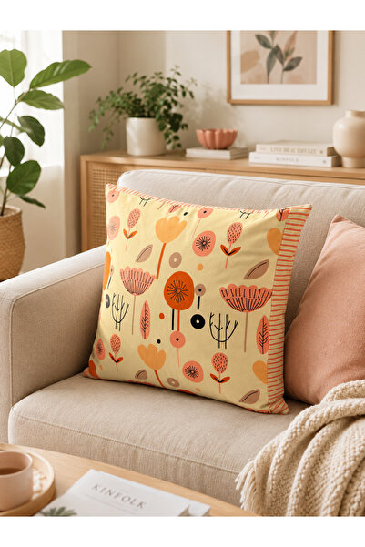 Homeilla Minimal Botanical Patterned Orange Striped Edged Decorative Throw Pi...