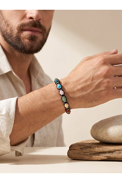 Parmas Design Macrame Mixed Natural Agate Stone Chakra Adjustable Steel Men's...