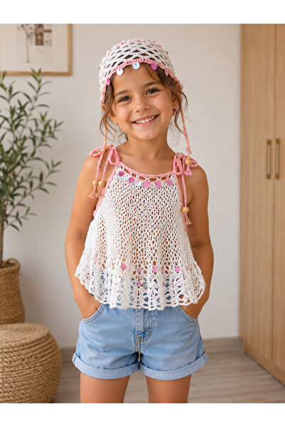 Genel Markalar El Örgüsü Kız Çocuk Yazlık Bere + Bluz/Crop Ayarlanabilir 4-7 Yaş