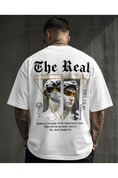 Modivibe Men's White Oversize the Real Back Print 30/2 Single Jersey 100% Cot...