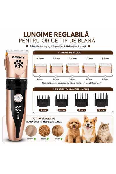Geemy Mașină de tuns animale profesională GM-8022, fără fir, display LCD, acumulator reîncărcabil USB, lame ceramice și oțel inoxidabil, 5 trepte de reglaj, 4 piepteni incluși, pentru câini și pisici,
