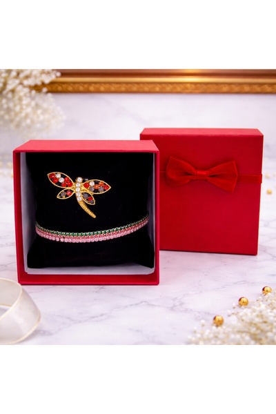 velve Set Martisor bratara cu cristale multicolore si brosa libelula rosie, i...