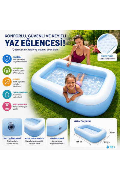 Cici Oyuncak 166x100x25 cm Şişme Tabanlı Konforlu Çocuk Havuzu 90 L Geniş Dik...