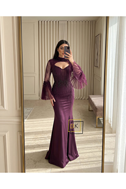 Generic Royal Purple Evening Gown with Crystal Line Embroidery High Neckline ...