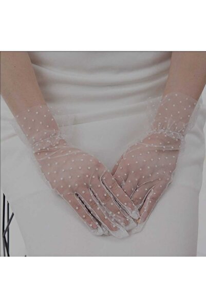 Corvus kolye&bileklik Short White Ruffled Polka Dot Lace Lycra Party Gloves