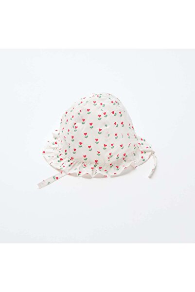 KIABI Printed Ruffled Bucket Hat with Ties WHITE