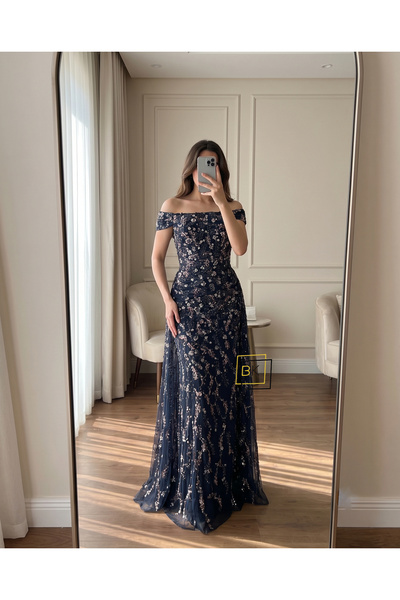 Generic Navy Blue Full Sequined Floral Sparkling Off Shoulder Evening Dress w...
