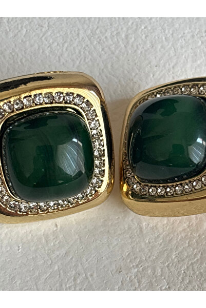 BHR AKSESUAR Gold Color Zircon Stone Green Square Earrings (2.4 cm)