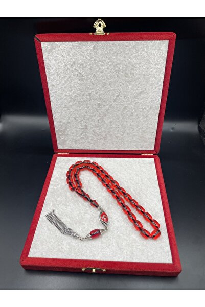 Onurlu Tesbihane 925 Ayar Gümüş Püsküllü Ateş Kehribar Tespih – 11x8 mm