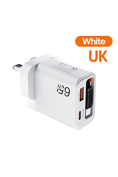 Choice3 شاحن سريع USB-C أبيض بقوة 65 واط مع كابل Type-C قابل للسحب، شحن سريع ...