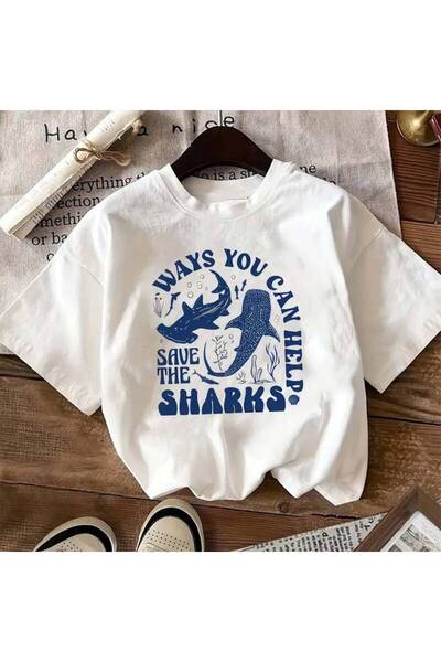 799 تي شيرت نسائي بطباعة "Save the Sharks" برقبة مستديرة وأكمام قصيرة، قميص م...