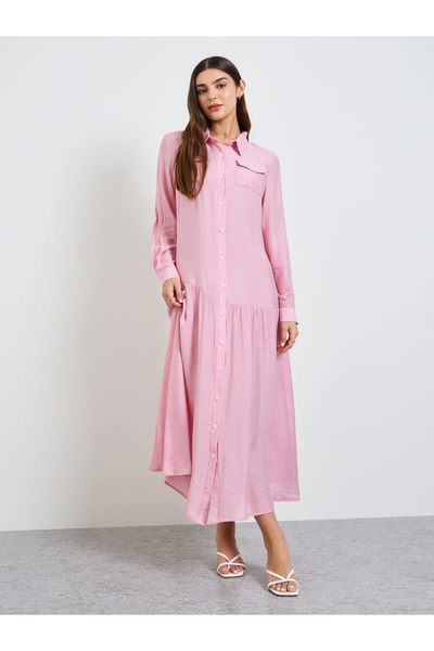 Take Two By Styli Pink Plain Long Sleeve Shirt Maxi Dress