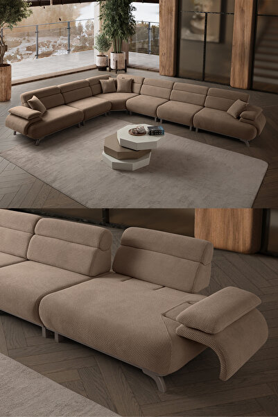 Eymense Bonjo Sırt Mekanizmalı Modüler Köşe Takımı Kasalı XL Sütlü Kahve