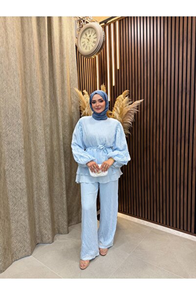 Fashionbox Vina Layered Ruffle Detailed Belted Double Set |   Blue