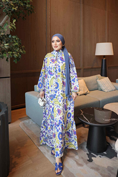 İmajButik Oil Green Half Buttoned Sleeves Elastic Skirt Layered Viscose Dress