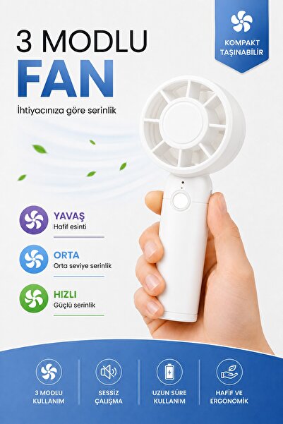 Telvesse Turbo 3 MOD Şarjlı El Fanı 3 Kademe Seyahat Masaüstü Vantilatör Taşı...
