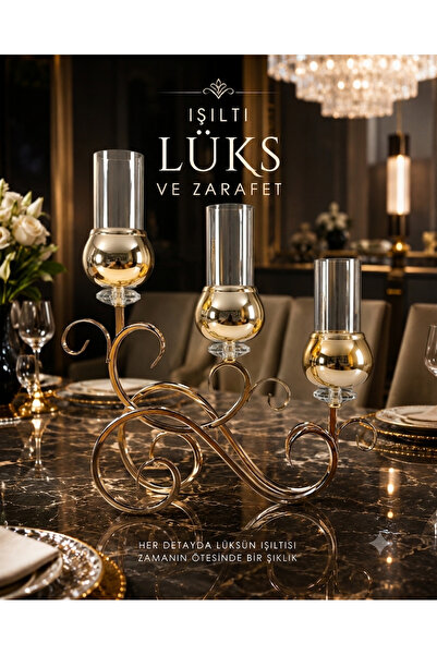 voliX Dizayn Lüks Kristal Taşlı 3’lü Şamdan Mumluk Gold Metal Gövdeli Dekorat...