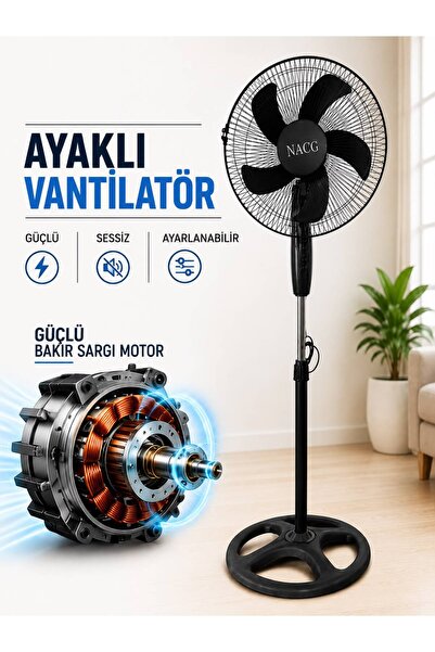 NACG Ayaklı Vantilatör BAKIR SARGILI UZUN ÖMÜRLÜ MOTOR Siyah 16 inç 50 W, 5 P...