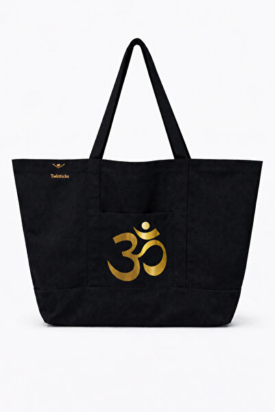 TWINTICKS Om Printed Black & Navy Blue Canvas Shoulder Bag Gold Flex Print Da...