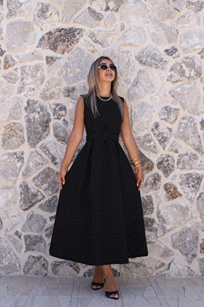 bytugcekaya Black Stone Belted Halter Flared Dress