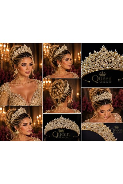 QUEEN AKSESUAR Royal Crown Thesa Gold Gold Crystal Stone Luxury Design Engage...