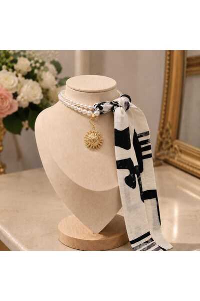 Ivory Pearl قلادة من اللؤلؤ، قلادة وشاح مزينة باللؤلؤ، وشاح، وشاح للحقيبة، زي...