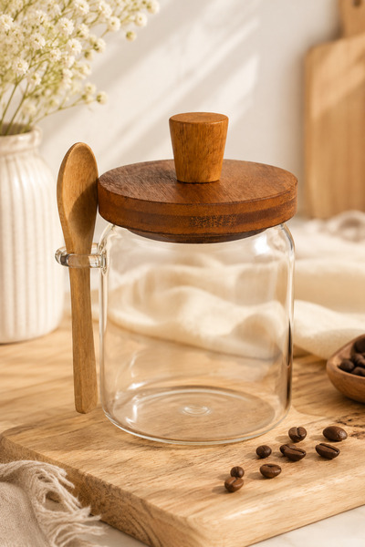 PUPSI Borcan din Sticlă Borosilicată 500 ml cu Capac din Bambus și Lingură, R...