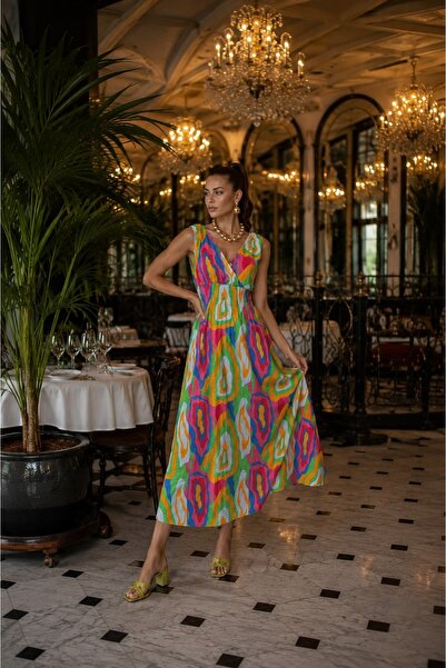 LaraLisa Colorful Front and Back V-Neck Women's Summer Dress with Elastic Wai...