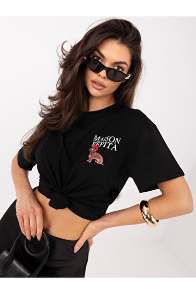 Italy Moda Γυναικεία μπλούζα, ITALY MODA, Βαμβακερό, Κοντομάνικο, Μαύρο, μοντ...