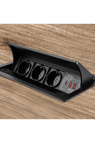 Spacetronik Priză de blat triplă, neagră, cu USB-A și USB-C, electrică 230V