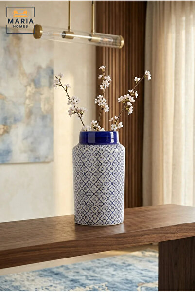 MARIA HOMES Blue and White Patterned Decorative Vase, Modern Cylindrical Cera...