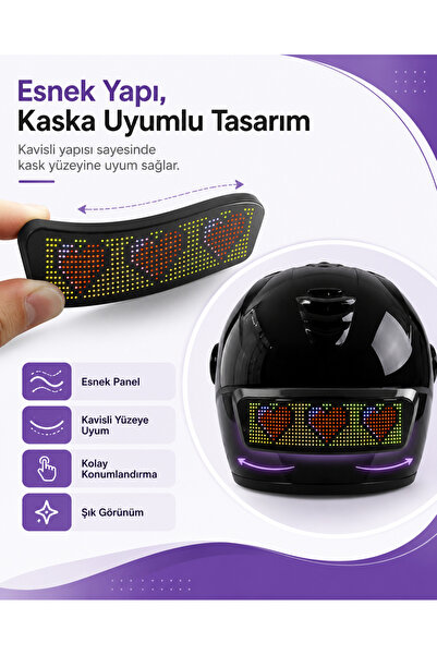 EN SİGA Uygulama Kontrollü RGB LED Kask Ekranı Animasyonlu Şarjlı Esnek Panel