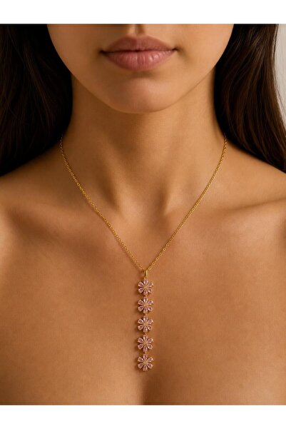 Melisa Takı & Aksesuar 316L Steel Gold Color Y Model Pink Stone Necklace