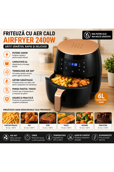 OEM Friteuză cu Aer Cald (Air Fryer) 2400W, Capacitate 6L – Gătit Rapid și Să...