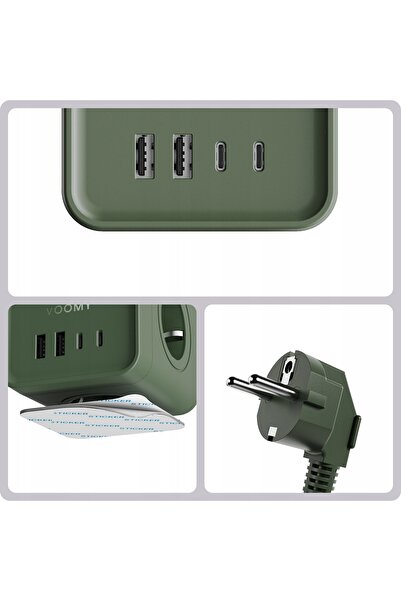 VOOMY Power Cube S7 Prelungitor cu 4 Prize, 2 USB-C (20W), 2 USB-A, 2m, Verde