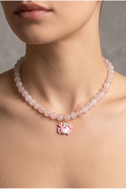 Solfera Yengeç Uçlu Burç Açık Pembe Kristal Kuvars 8mm Doğal Taş Kadın Kolye ...