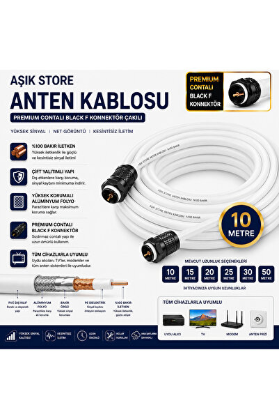 AŞIK STORE 10 Metre Premium Anten Kablosu %100 Bakır İç İletken Contalı Black...