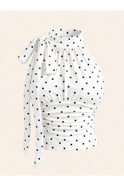 meren like your style Bela bluza na točkice sa detaljima kravate na vratu