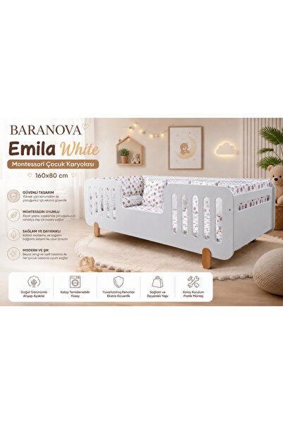 BARANOVA Emila White Montessori Çocuk Karyolası 160x80 cm | Beyaz Ahşap Yer Y...