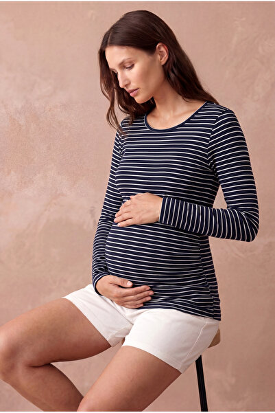 WESTMARK LONDON Maternity Navy Blue/White Striped Ribbed Cotton Crew Neck Lon...