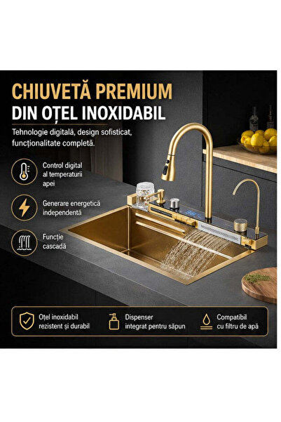 OEM Chiuveta Bucatarie Multifunctionala cu LED, Inox, Auriu