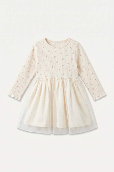 DeFacto Rochie brodata cu maneca lunga din twill ecru pentru fetita I3585A526AU