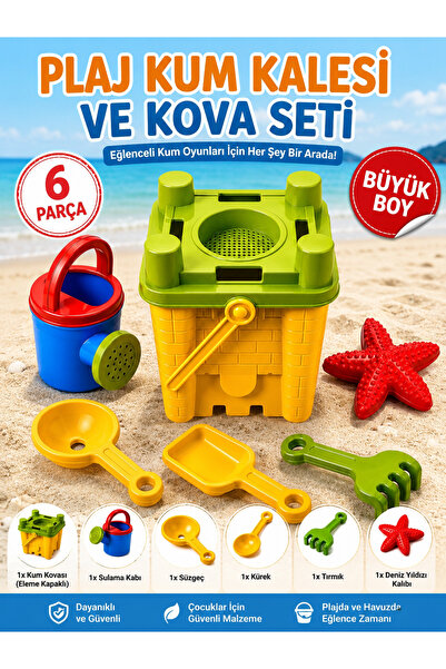 BYCEGU Orta Boy Kale Model Oyuncak Plaj Kovası 6 Parça Kürek Tırmık Su ibriği...