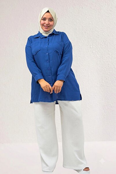 Eslina 68061 Large Size Muslin Shirt with Pockets and Cuffs - Indigo