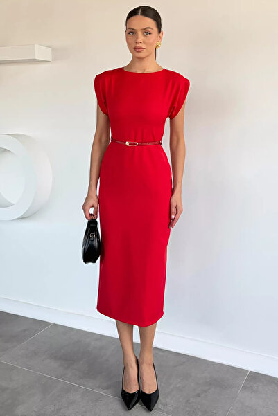 Aryena Red Women's Dress with Belt Accessories and Slit Detail