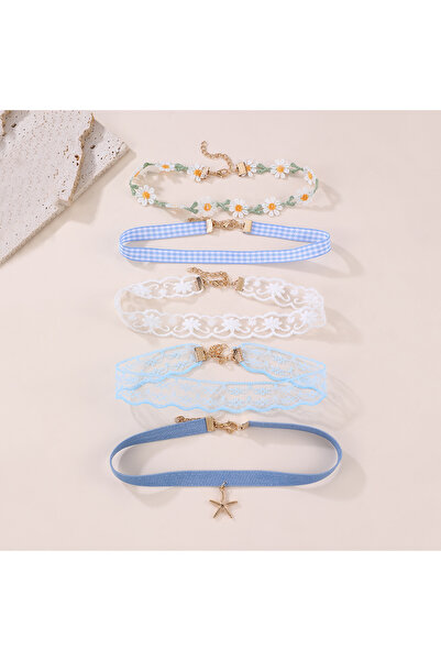 Choice Blue 5pcs/set Charming Lace & Plaid Floral Choker – Soft Ribbon Tie Ne...